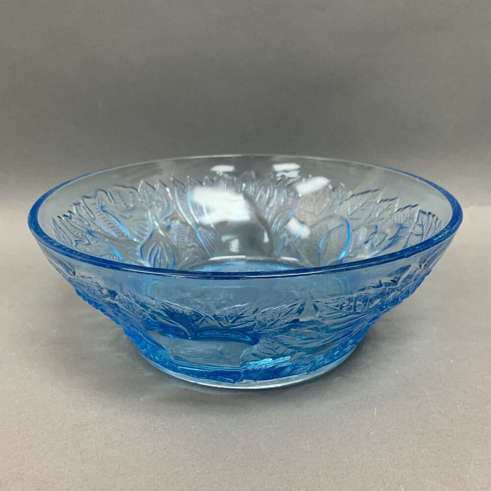 Clear Blue Glass Serving Bowl Fruits Floral 8 5/8" x 3" High